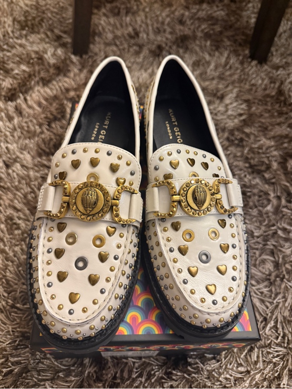 Kurt Geiger White Studded Leather Loafers with Gold Hardware